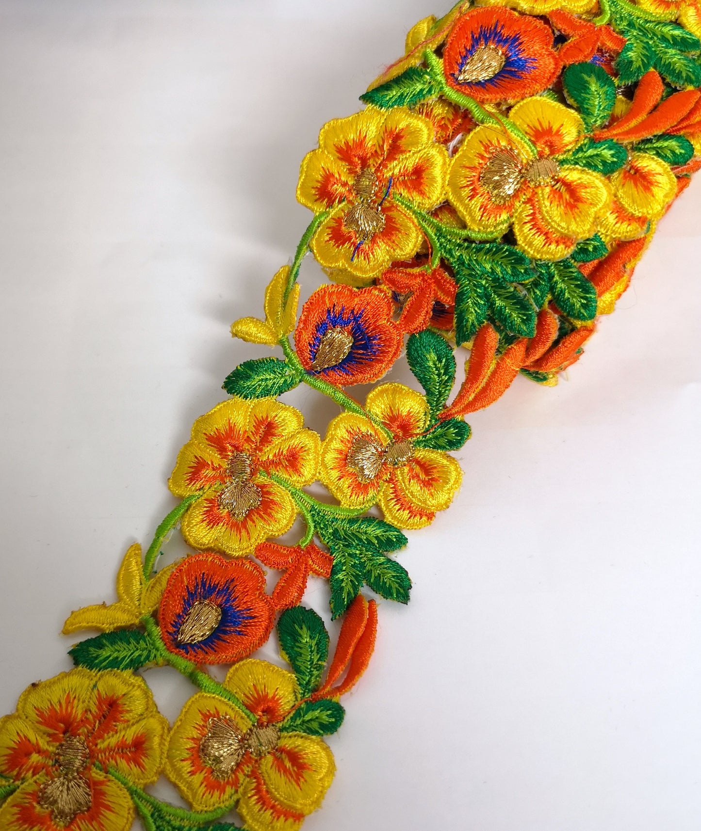 7901 Wide Yellow, Orange & Blue Pansy Flower Cutwork Trim