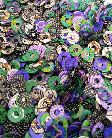 8mm Purple Green & Black Random Design Donut opaque Sequins
