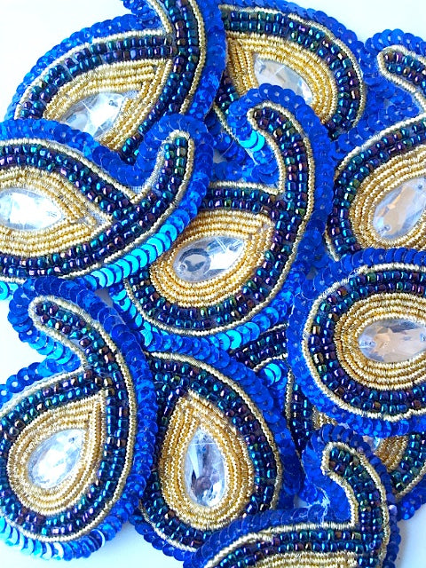 A244 Royal Blue & Gold Big Paisley Shaped Sequin Motif