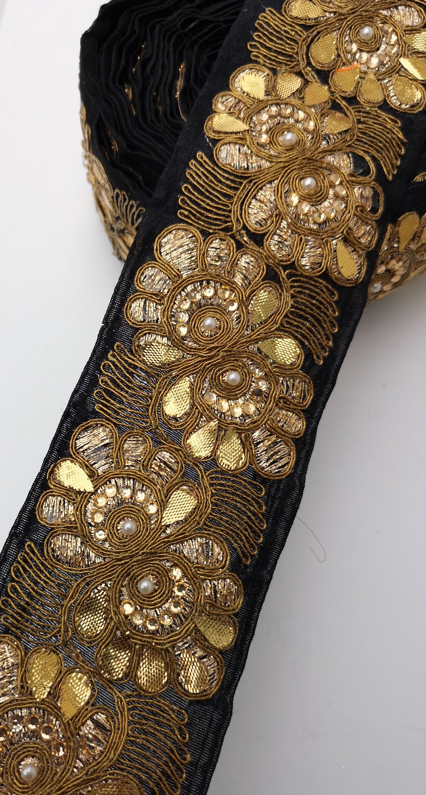 Black with Gold Leaf Flower Diamante Trim