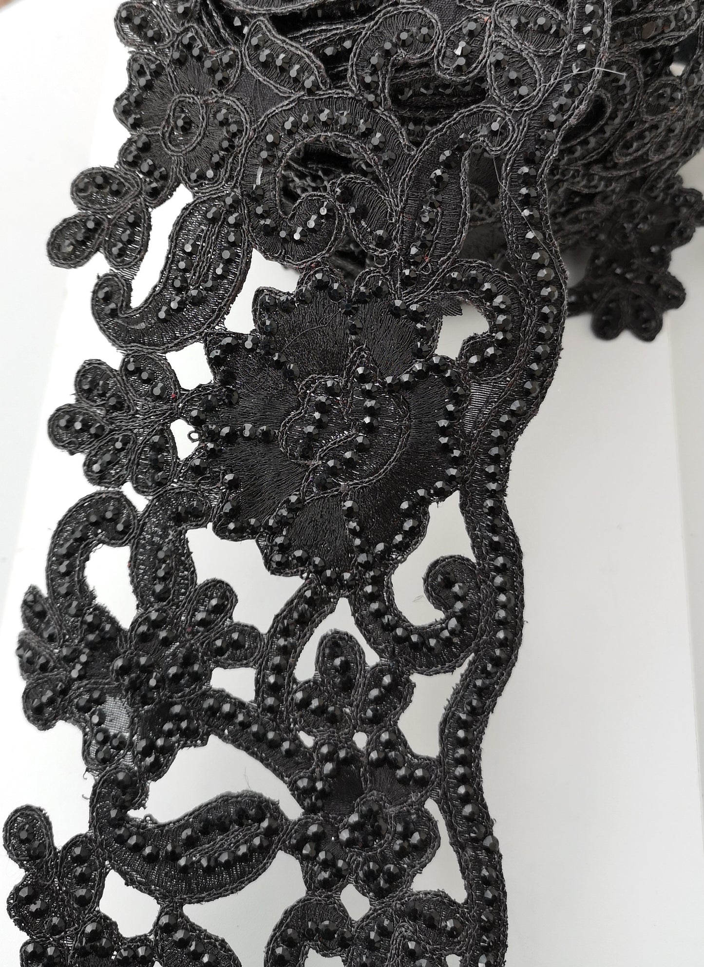 Wide Black Rhinestone Flower Cutwork Trim