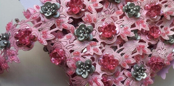 Baby Pink & Silver Rose Floral Design Beaded and Sequin Trim