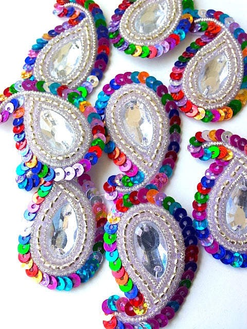 A28 Silver Multicoloured Small Paisley Shaped Sequin Motif