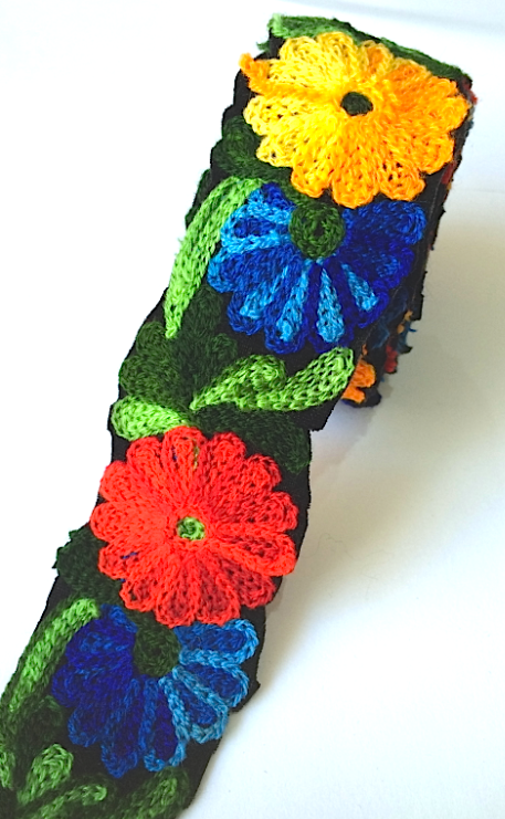 Yellow, Blue, Green & Red Crochet Style woollen Flower Embroidery trim