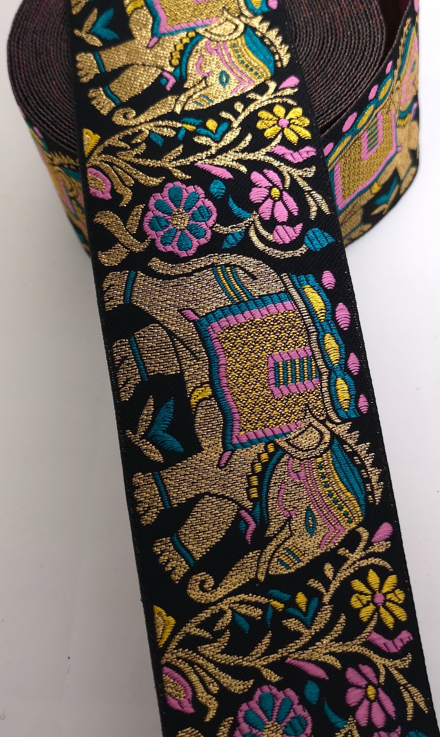 Jade & Baby Pink Elephant Embroidery Trim