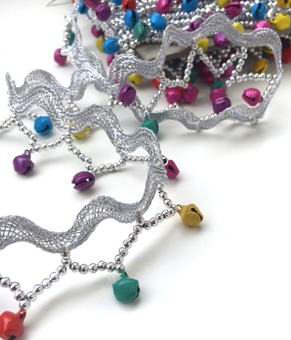 Silver Ric Rac Multicoloured Jingle Bells Dangly Trim
