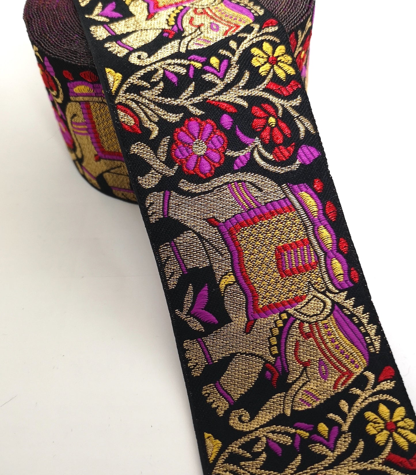 Maroon, Purple & Yellow Elephant Embroidery Trim