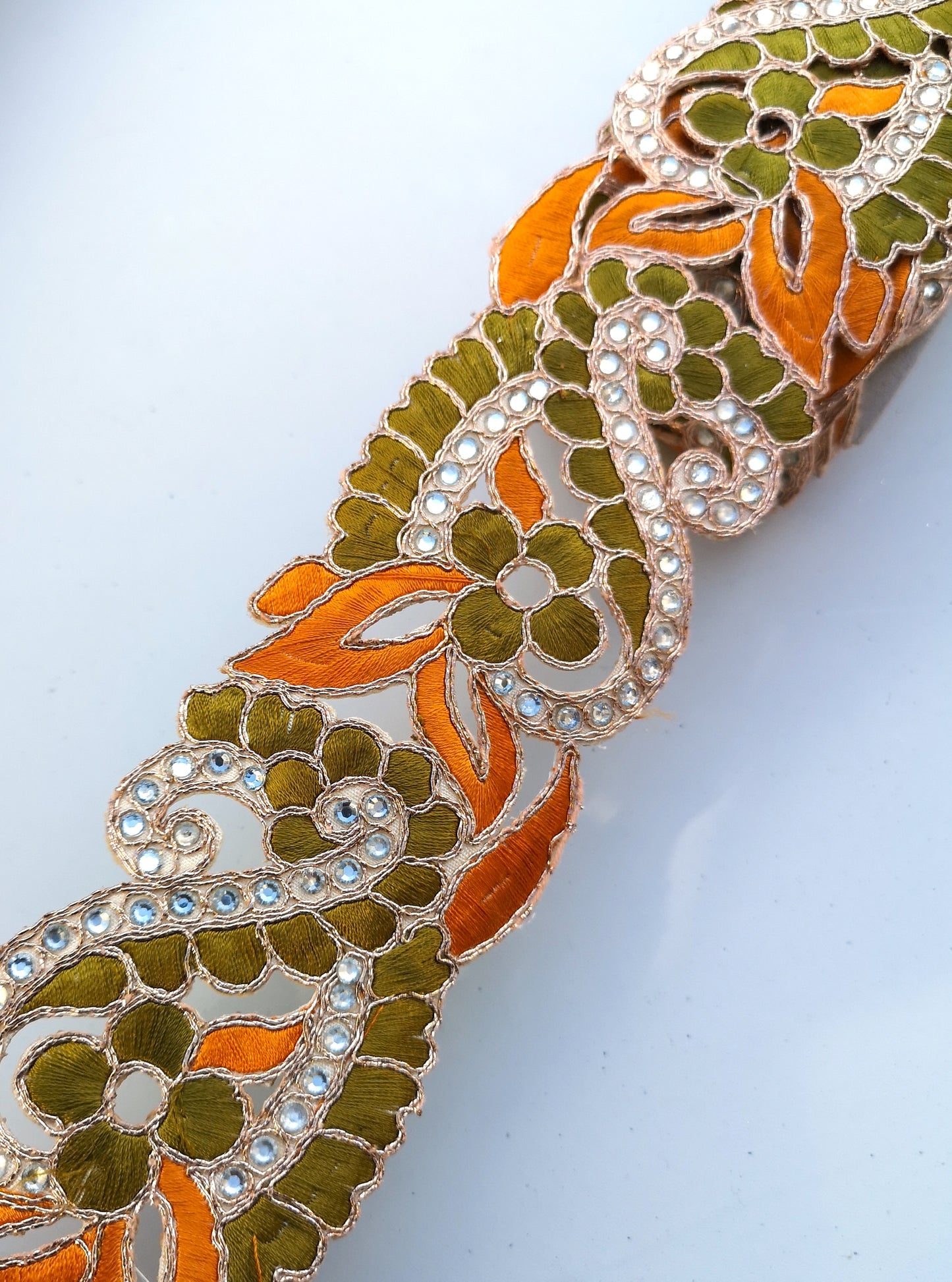 Orange & Olive 2 colour Flower Cutwork Diamond Stone Trim
