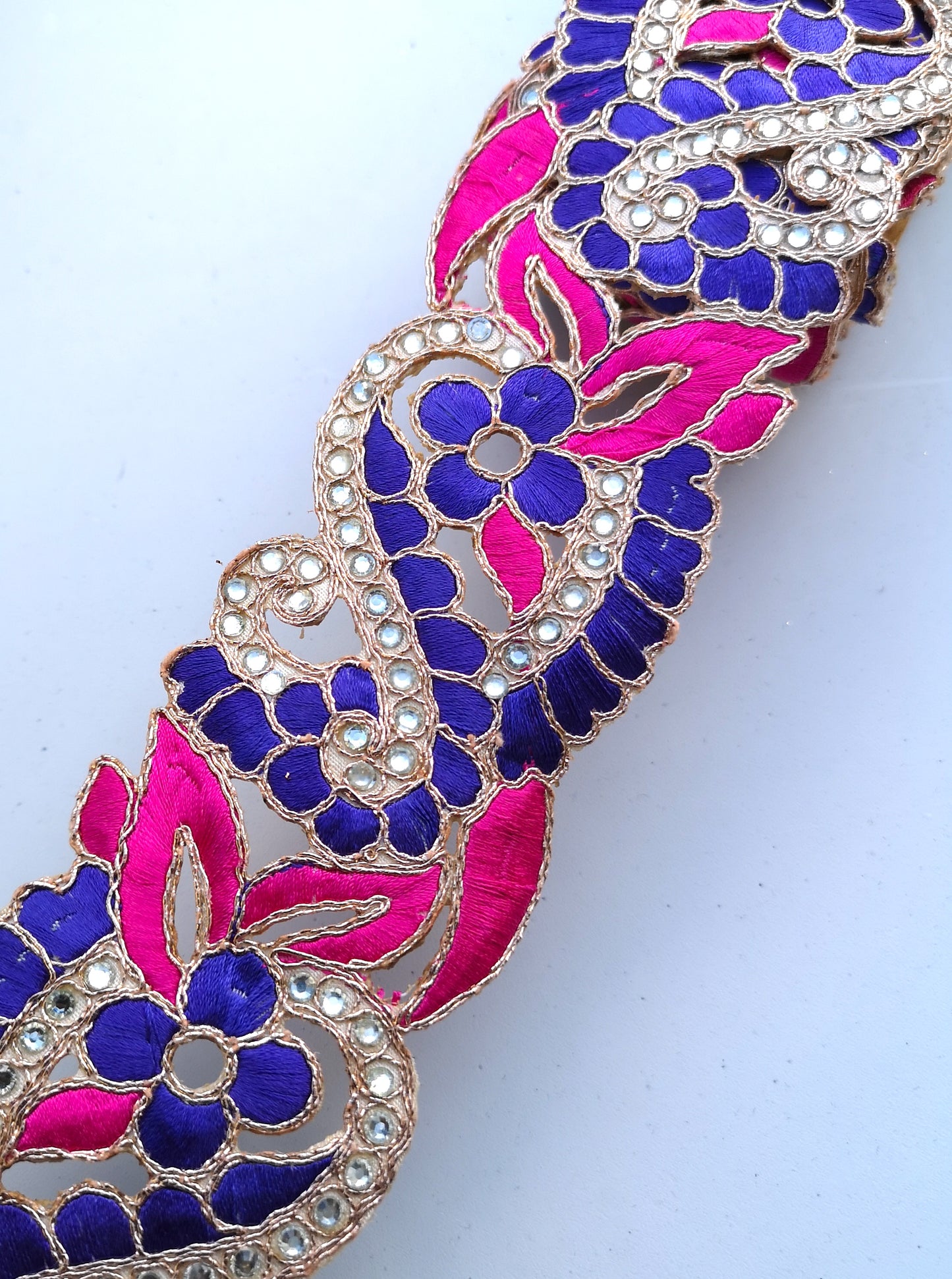 Pink & Purple 2 colour Flower Cutwork Diamond Stone Trim