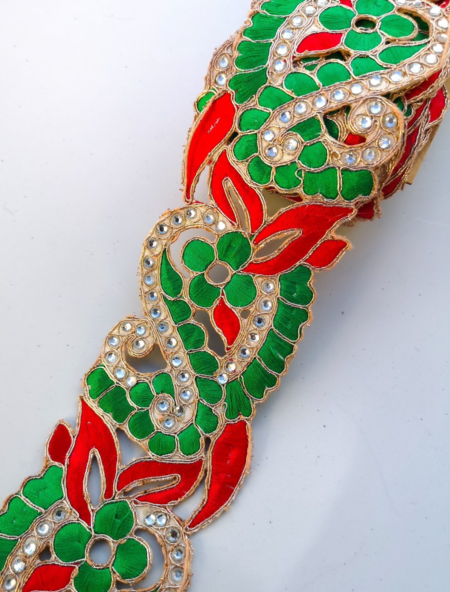 Red & Green 2 colour Flower Cutwork Diamond Stone Trim