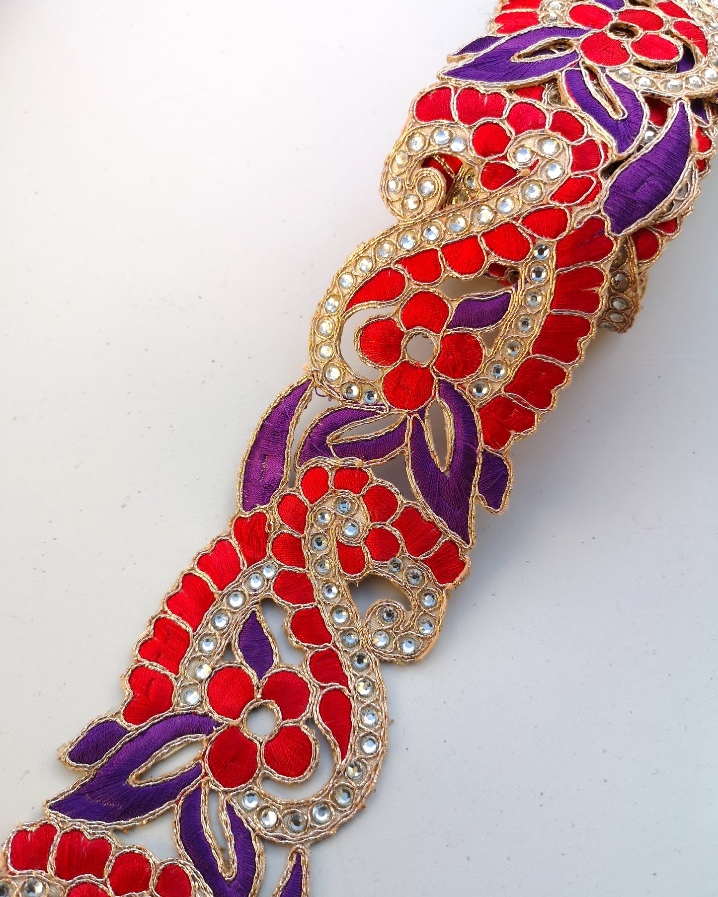 Purple & Red 2 colour Flower Cutwork Diamond Stone Trim