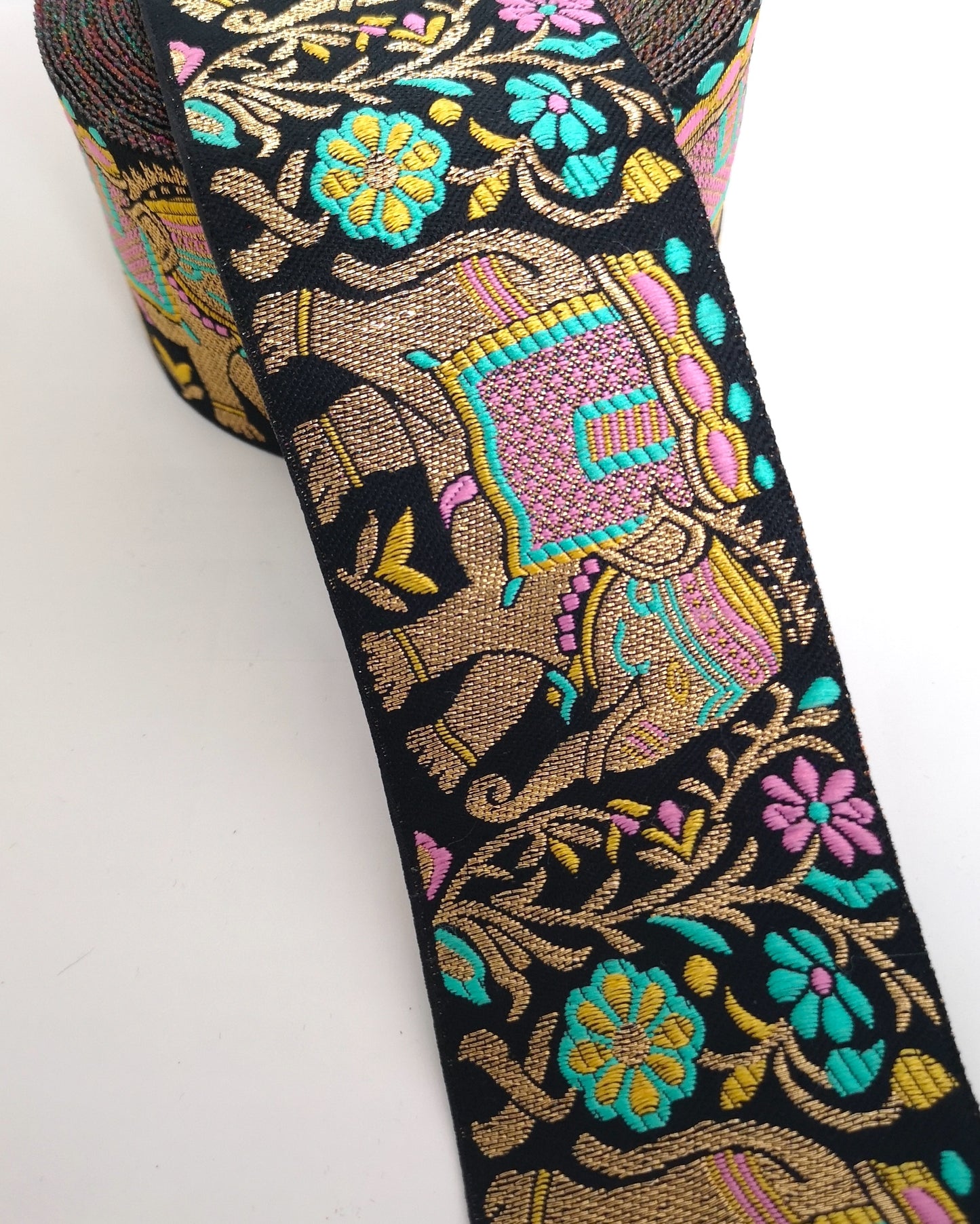 Baby Pink, Sea Green & Yellow Elephant Embroidery Trim