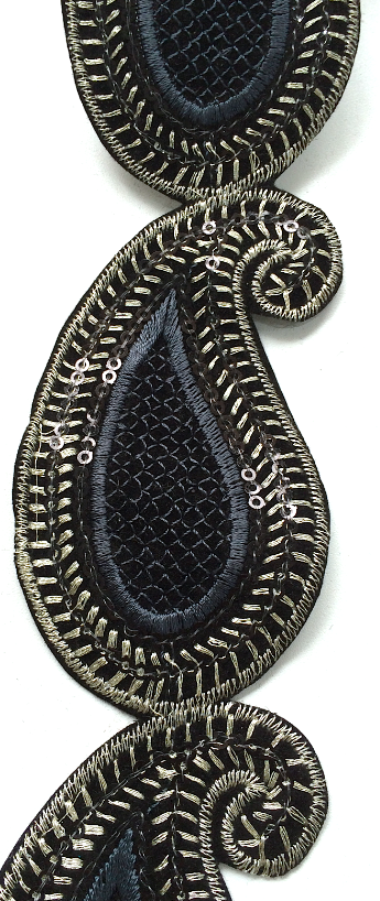 Charcoal Grey Sequin Paisley Design Iron on Trim
