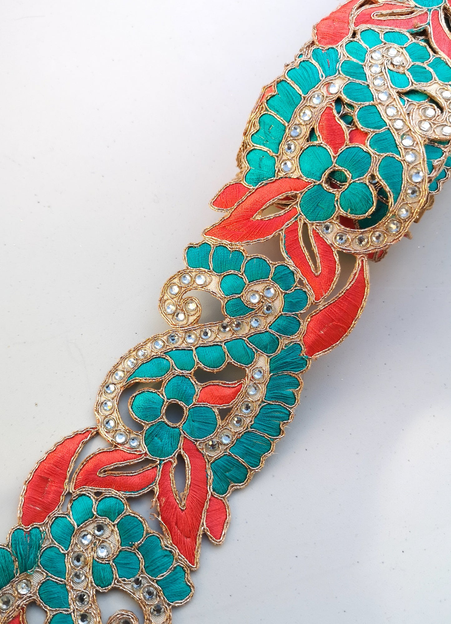 Turquoise & Coral 2 colour Flower Cutwork Diamond Stone Trim