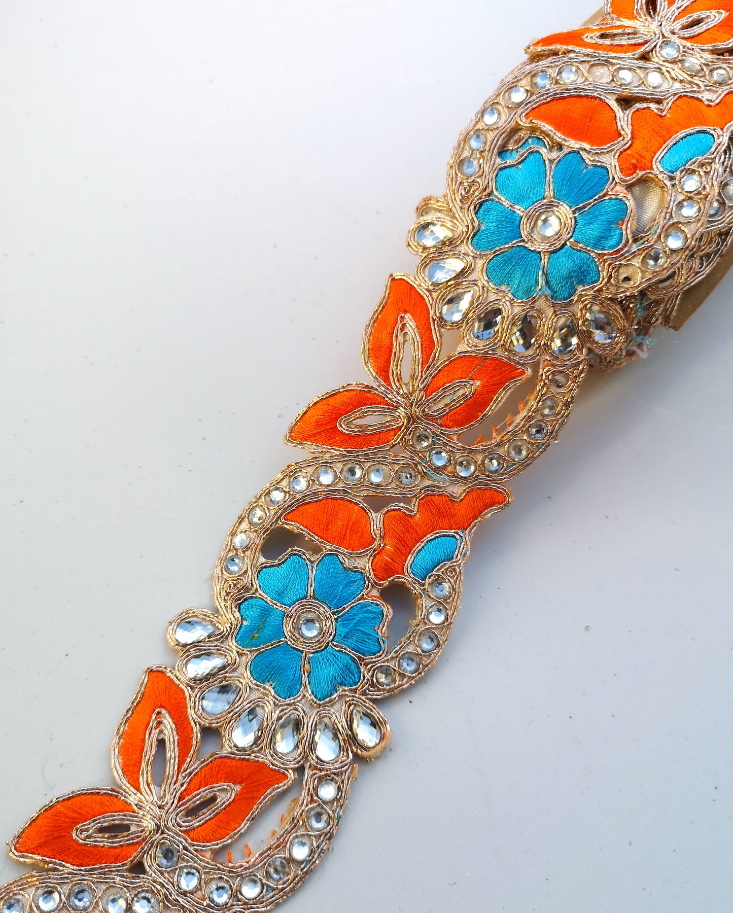Orange & Turquoise 2 colour Flower Cutwork Diamond Stone Trim