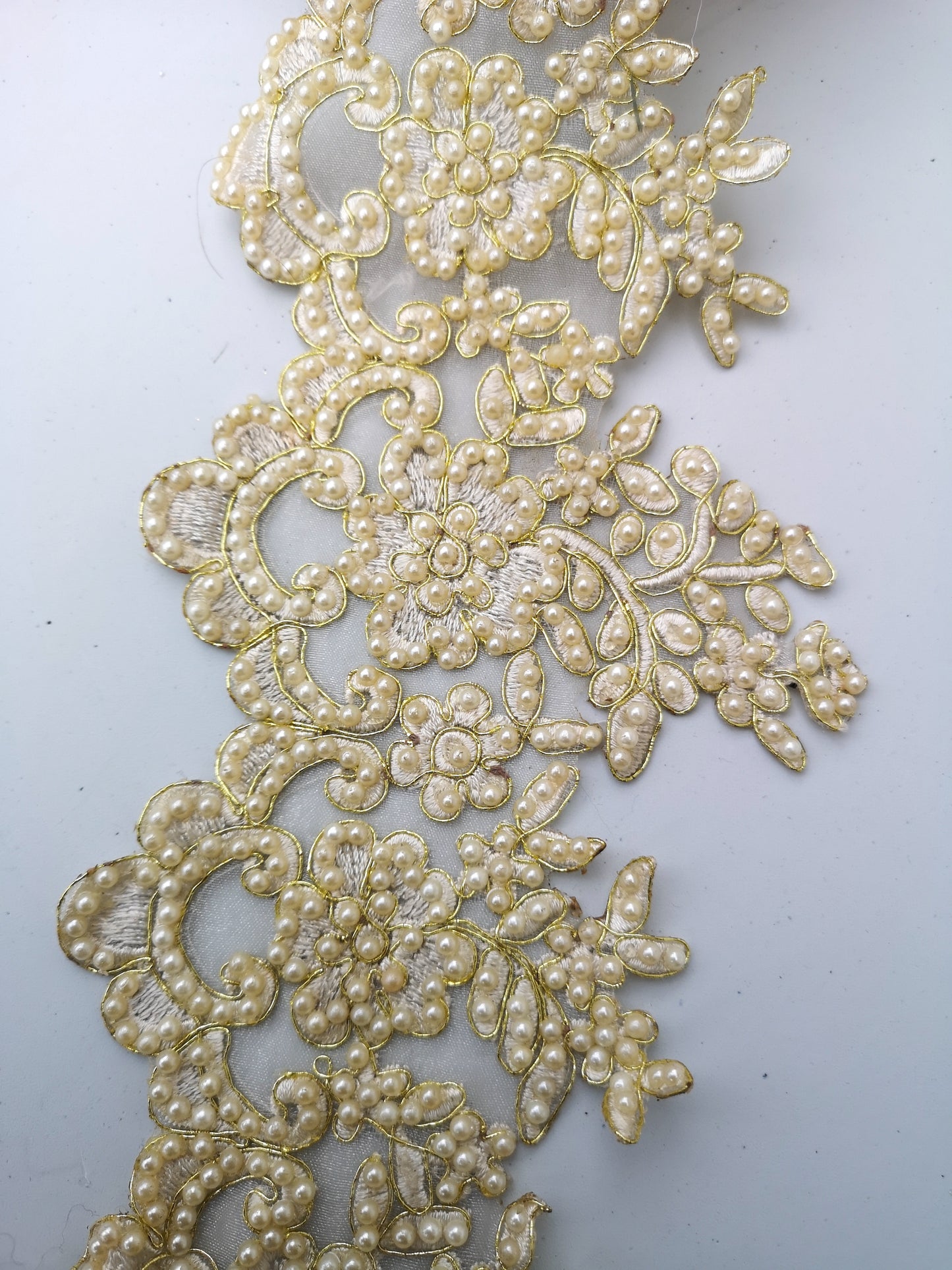 Wide Ivory & Gold Pearl Flower Bridal Cutwork Trim
