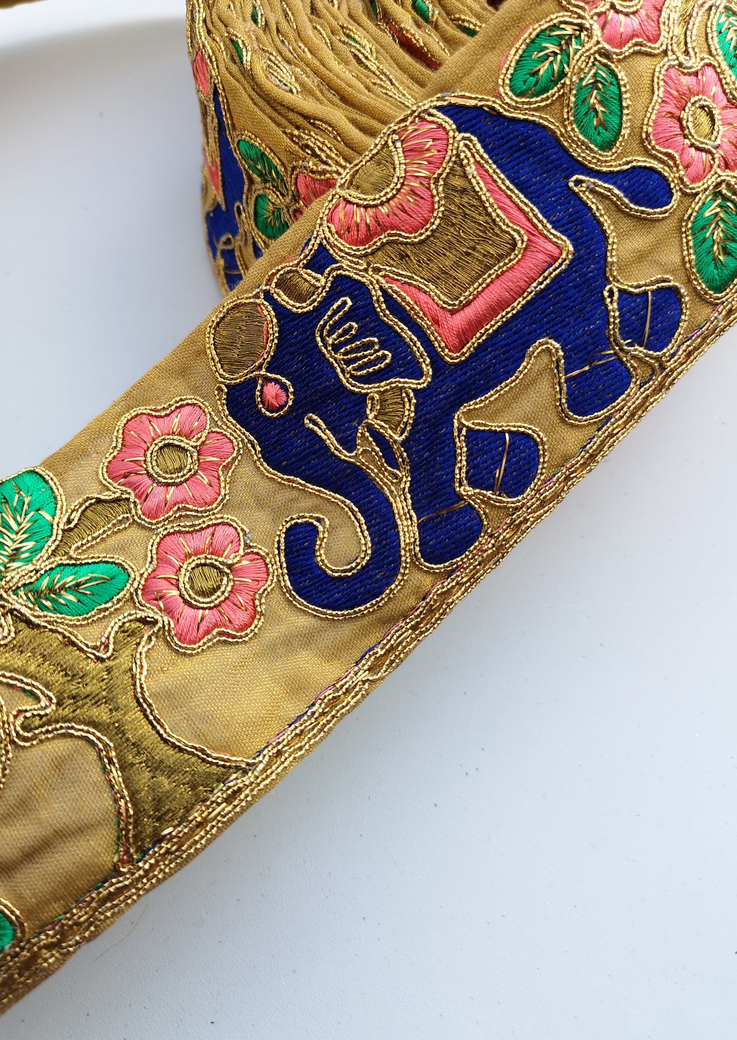 Blue, Pink & Green Wide Elephant Embroidery Trim