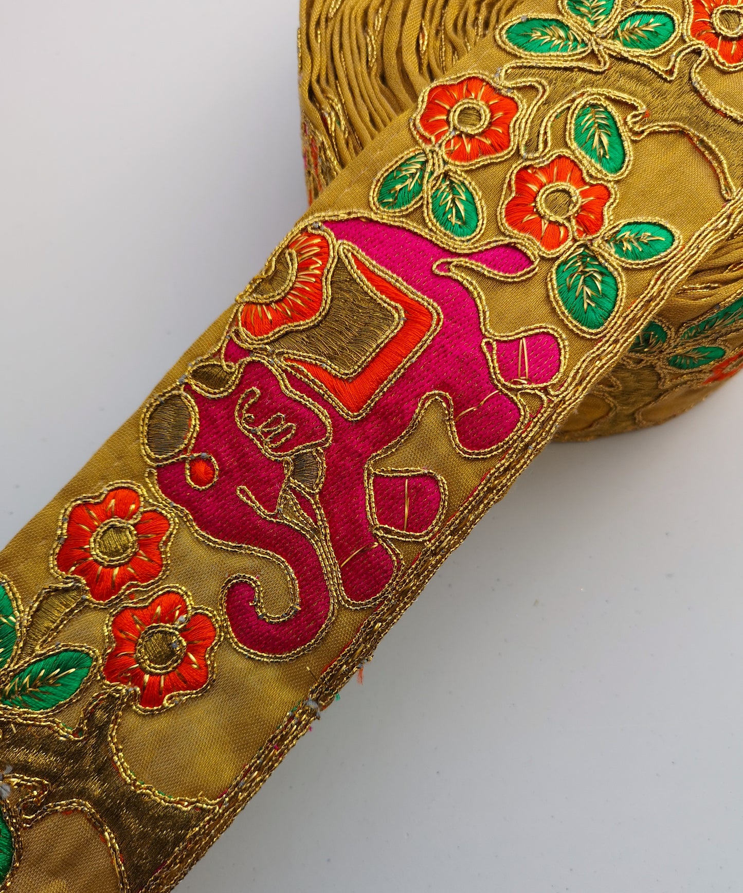 Pink, Orange & Green Wide Elephant Embroidery Trim