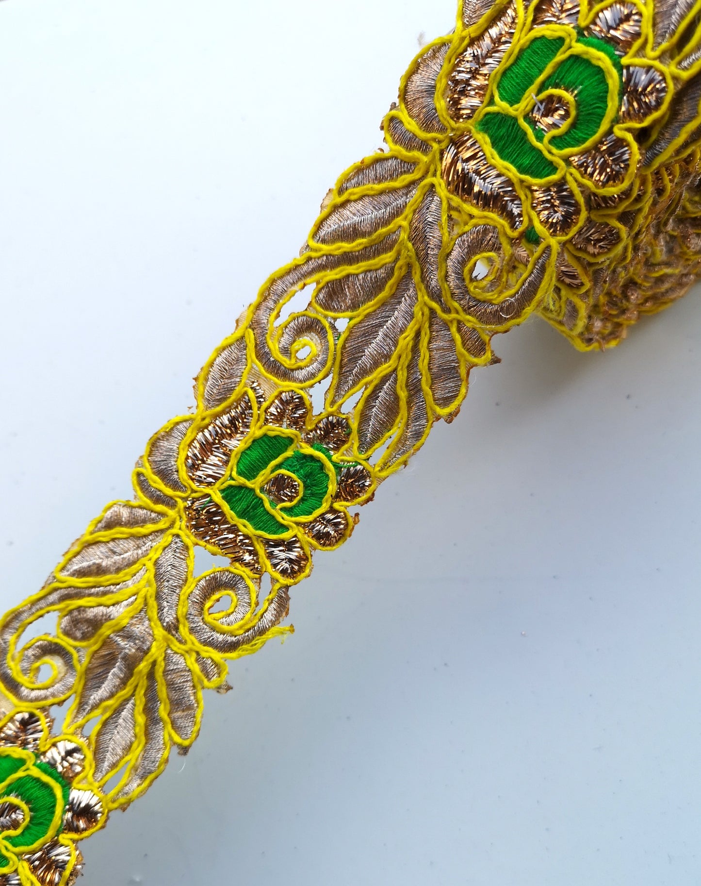 Yellow & Green Thread Flower Swirl Cutwork Trim