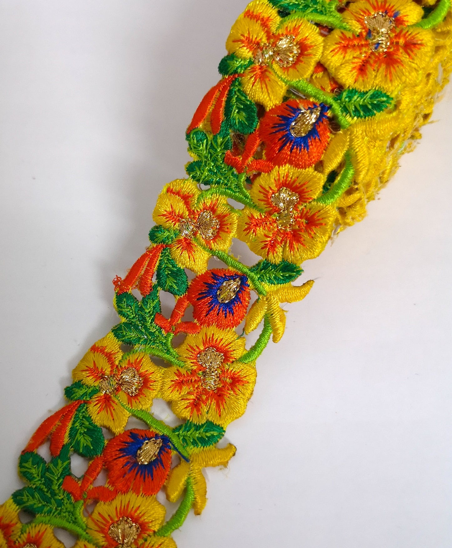 Narrow Yellow, Orange & Blue Pansy Flower Cutwork Trim