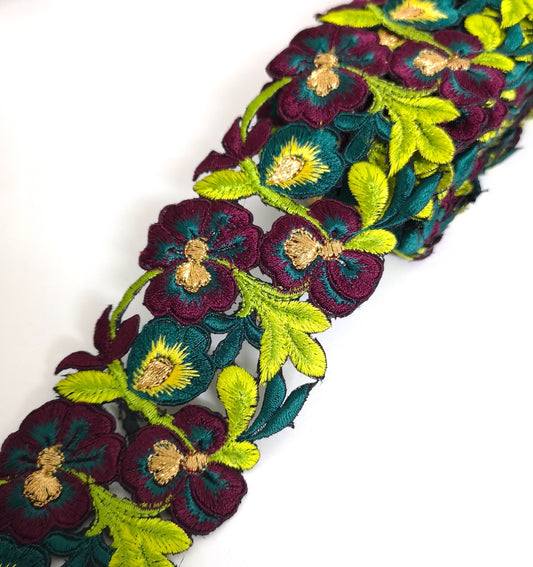 7901 Wide Burgundy, Lime & Jade Pansy Flower Cutwork Trim