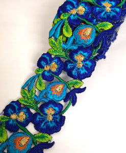 7901 Wide Royal Blue, Turquoise & Orange Pansy Flower Cutwork Trim