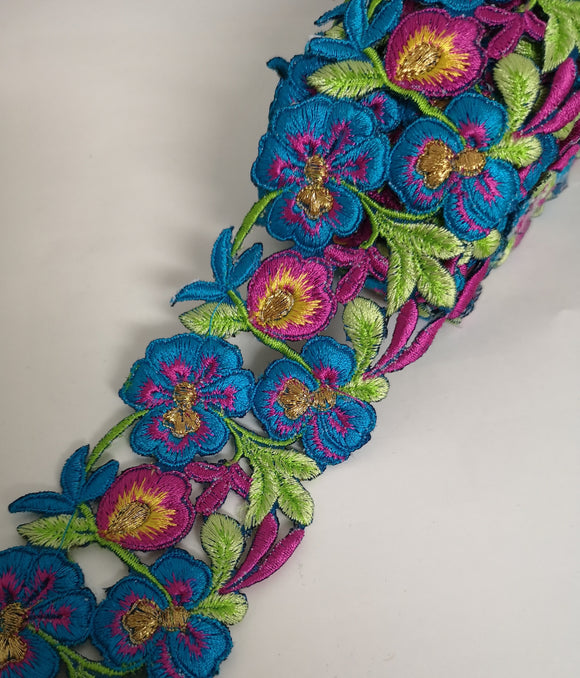 7901 Wide Turquoise, Lilac & Yellow Pansy Flower Cutwork Trim