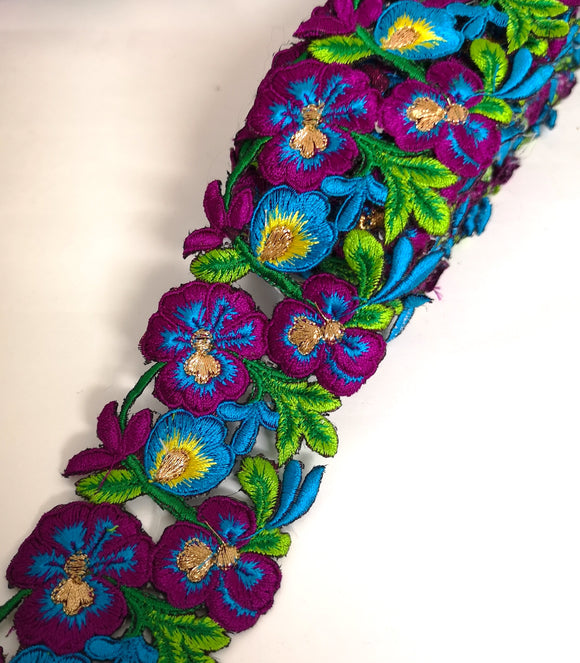 7901 Wide Plum, Turquoise & Yellow Pansy Flower Cutwork Trim