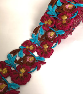 7901 Wide Mulberry, Turquoise, Brown & Pink Pansy Flower Cutwork Trim