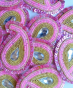 A244 Baby Pink & Gold Big Paisley Shaped Sequin Motif