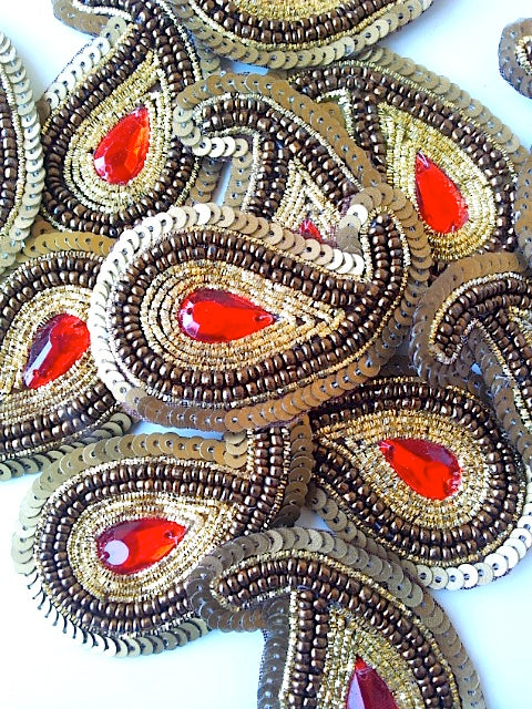 A244 Bronze, Red & Gold Big Paisley Shaped Sequin Motif