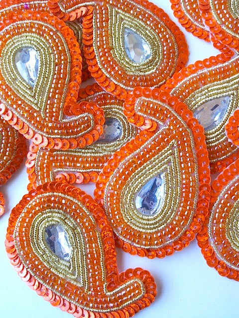 A244 Orange & Gold Big Paisley Shaped Sequin Motif