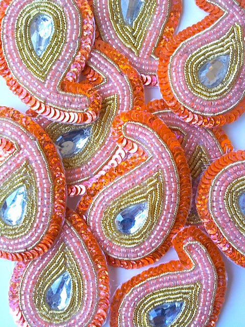 A244 Peach & Gold Big Paisley Shaped Sequin Motif