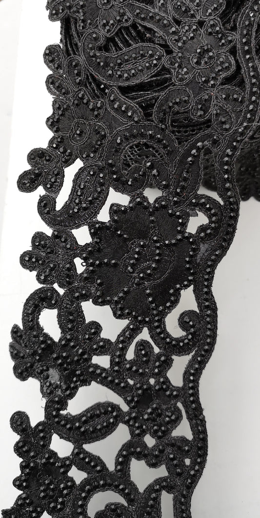 Wide Black Rhinestone Flower Cutwork Trim