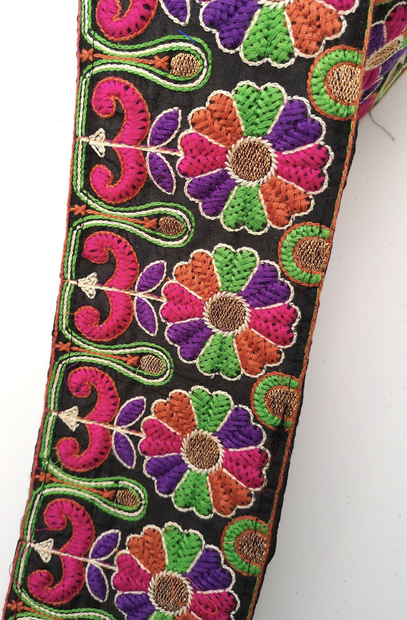 Wide Black Multicoloured Flower Embroidery Trim