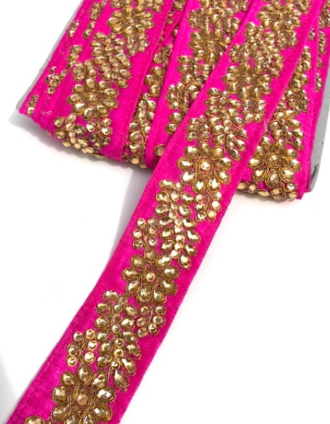 Hot Pink Indian Flower Design Diamond Stone Trim