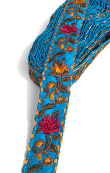 Turquoise Narrow Flower Embroidery Trim