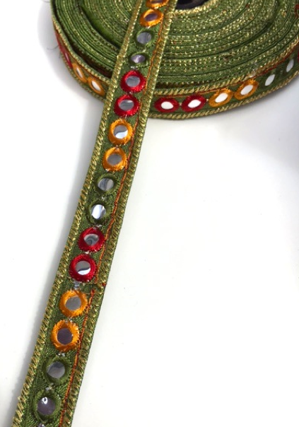 Olive Green 1 Line Shisha Mirror Work Embroidery trim