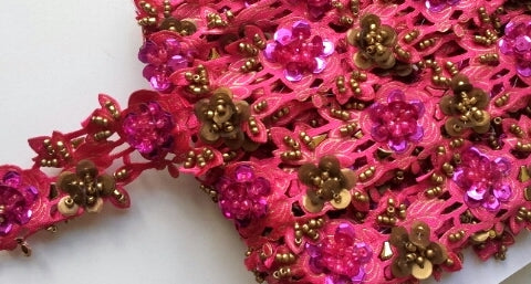 Hot Pink & Gold Rose Floral Design Beaded and Sequin Trim