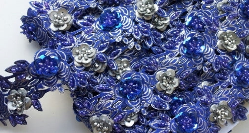 Royal Blue & Silver Rose Floral Design Beaded and Sequin Trim