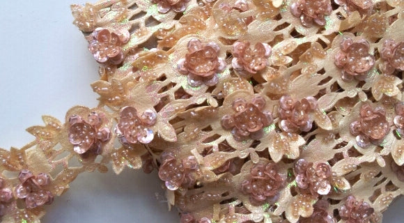 Peach Salmon Rose Floral Design Beaded and Sequin Trim