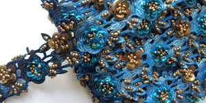 Turquoise & Gold Rose Floral Design Beaded and Sequin Trim