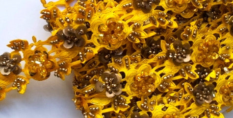 Yellow & Gold Rose Floral Design Beaded and Sequin Trim