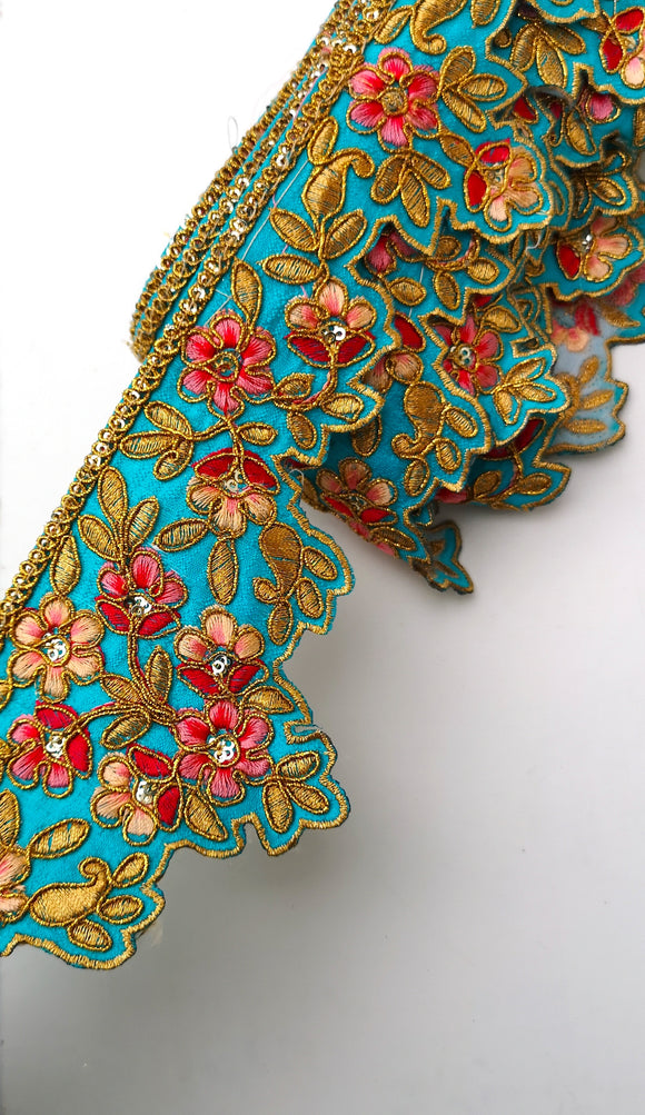 Turquoise & Hot Pink Flower Embroidery Scalloped Trim