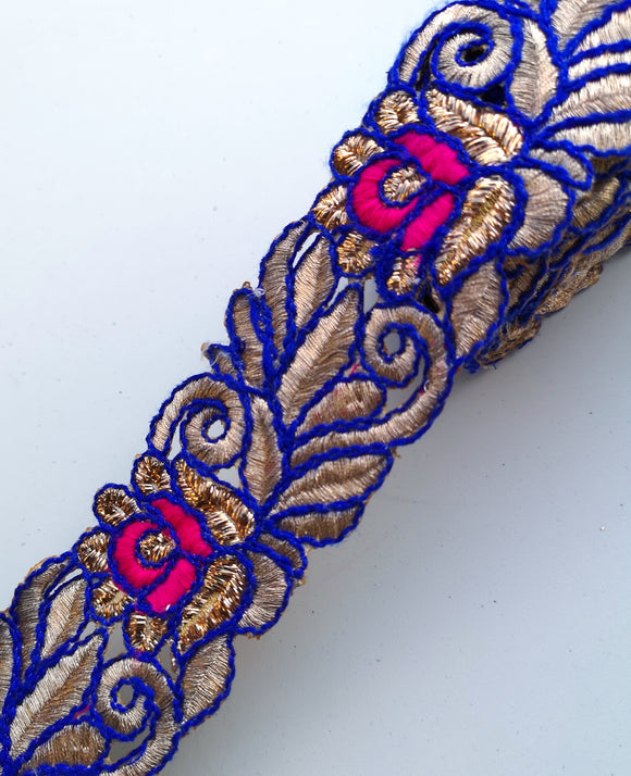 Royal Blue & Pink Thread Flower Swirl Cutwork Trim