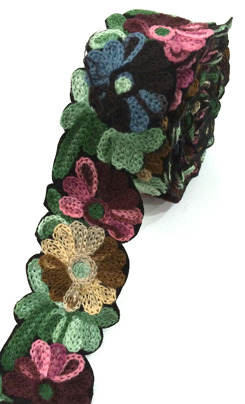 Black, Pink & Brown Crochet Style woollen Flower Embroidery trim