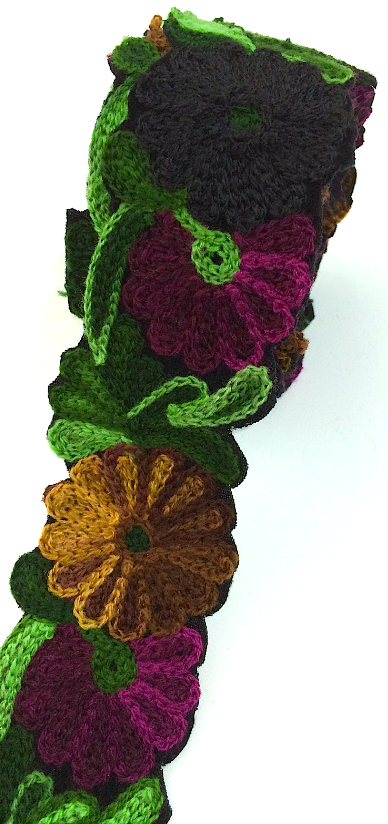 Black, Plum, Green & Brown Crochet Style woollen Flower Embroidery trim