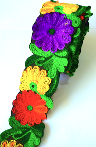 Purple, Green, Yellow & Red Crochet Style woollen Flower Embroidery trim
