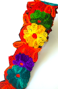 Red, Yellow, Purple & Teal Crochet Style woollen Flower Embroidery trim