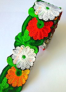 Red, White, Yellow & Green Crochet Style woollen Flower Embroidery trim